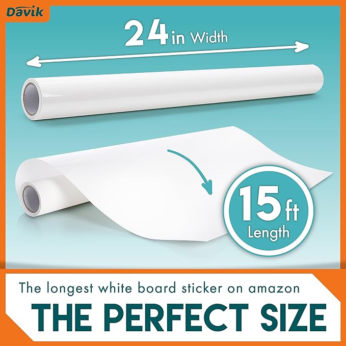 Davik - Multi-Purpose, Easy Cut and Setup Whiteboard Sticker - Customizable Peel and Stick Dry Erase Board for Wall Art or Classroom Decor- Office and School Supplies (24 Inches by 15 feet)