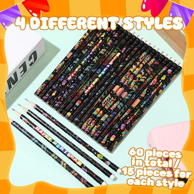 Sabary 60 Pcs Happy Birthday Pencils Colorful Birthday School Student Supplies Unsharpened HB Pencils with Erasers Stationery Bulk for Teacher Classroom Reward Party Supplies(Black,Birthday)