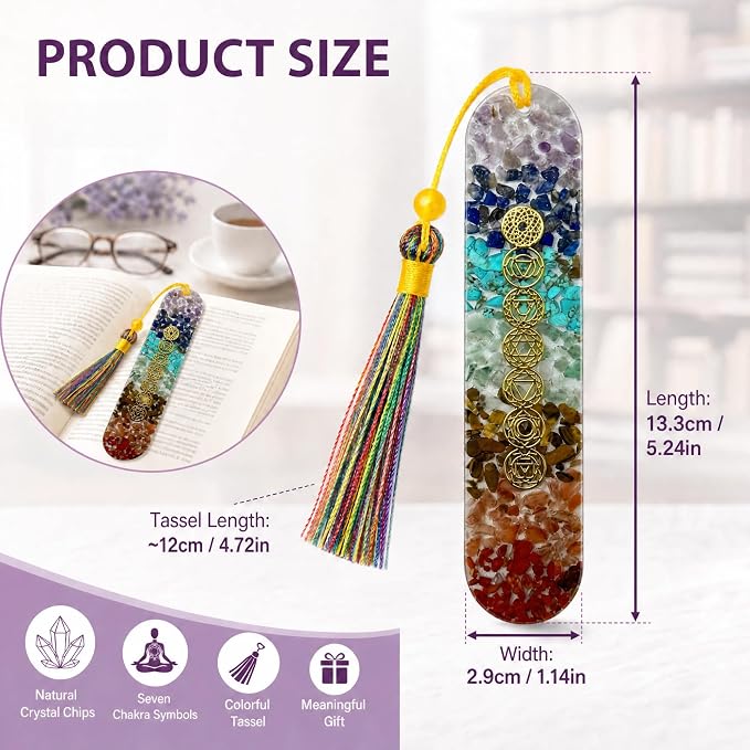 Fantasy Vintage Bookmark Gifts - 7 Chakra Stones Healing Crystals Resin Bookmarks for Women Men Book Lovers Beaded Tassels Page Marks Reading Accessories Bookish Birthday Graduation Gift
