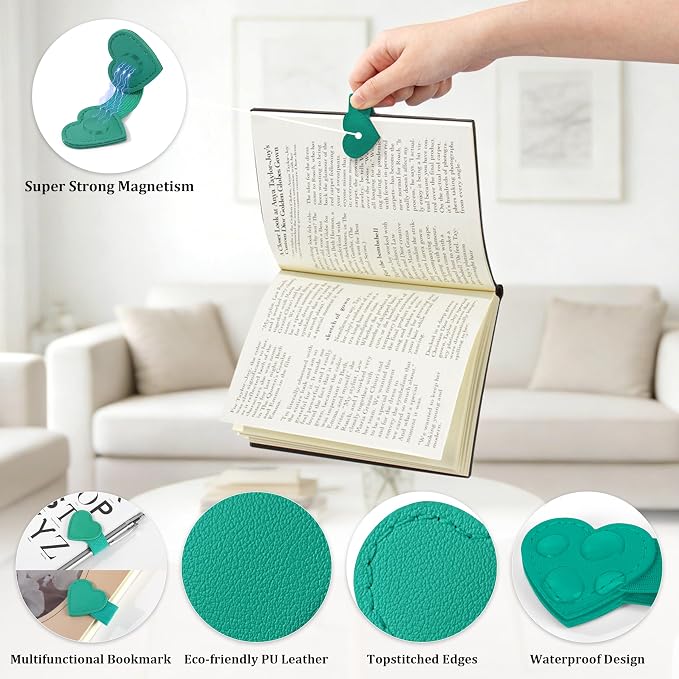 2Pcs Magnetic Leather Heart Bookmarks with Pen Holder, Cute Book Markers Clip with Gift Box, Reading Accessories for Book Lovers Women Teachers Students, Teal