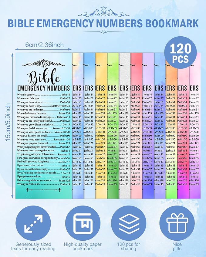 120 Pcs Bible Emergency Numbers Bookmark, Christian Bookmarks, Religious Bible Verse Bookmark, Christian Gifts for Church Supplies, Giveaways for Church Welcome Gifts Sunday (Watercolor)