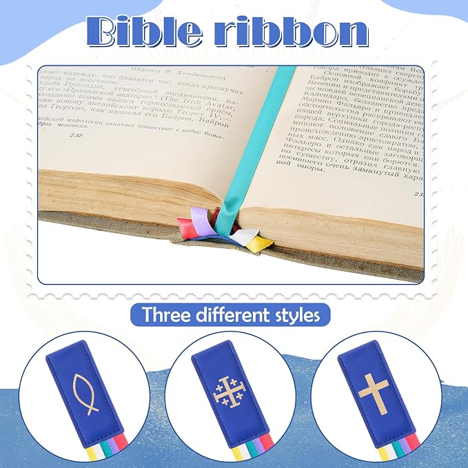 Outus 3 Pieces Bible Ribbon Bookmark Markers Artificial Leather Bookmark with Ribbons for Books Office (Solemn,Blue)