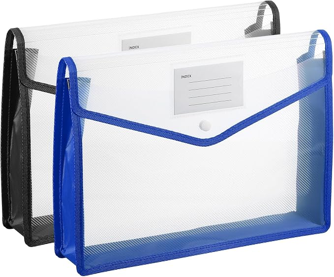 PATIKIL Plastic Expanding File Folders, 2 Pack A4 File Folder Envelopes Letter Size Document Organizer Supplies with Snap Closure for Classroom Office, Blue/Black, Horizontal