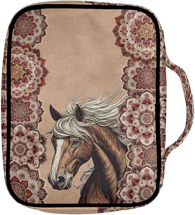 Suobstales Boho Mandala Horse Print Bible Cover Carrying Book Case for Women Men Lightweight Bible Bag Bible Protective with Handle and Zippered Pocket