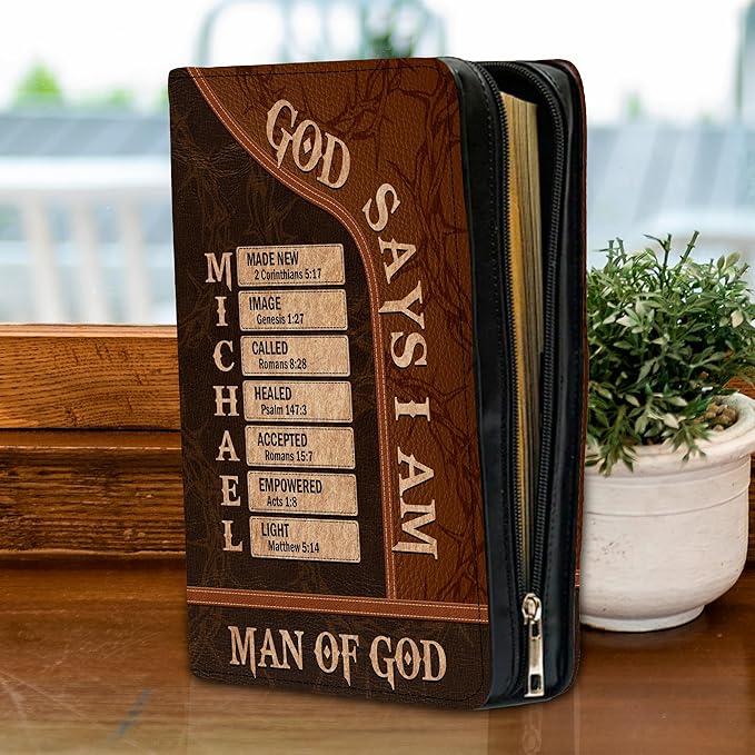 Personalized Man of God Bible Cover, God Says I Am Bible Case PU Leather, Bible Holder Handle Zipper, Faith Scripture with Name Case Bag, Religious Gifts for Church Christians Women Men