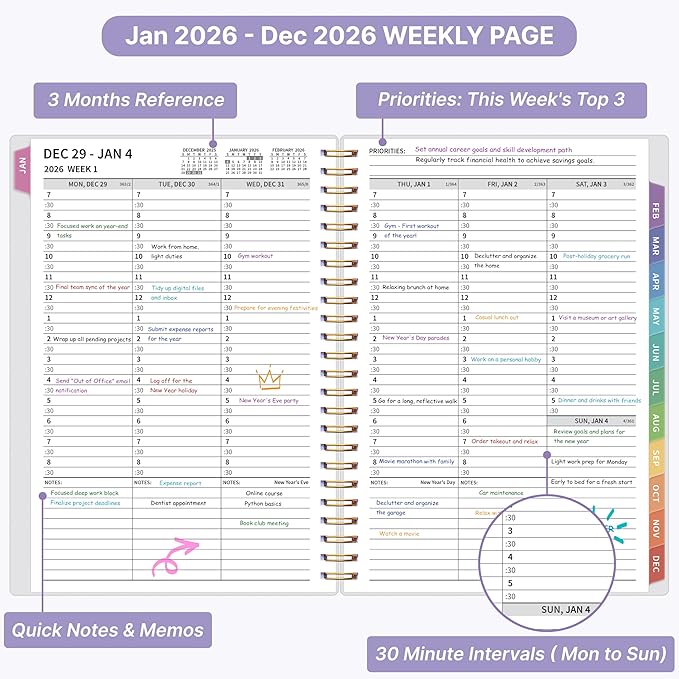 2026 Appointment Book, 30 Minutes-Hourly, Weekly ＆ Monthly Calendar Planner 2026, Jan 2026 - Dec 2026, 6.2'' x 8.4'', 2026 Daily Planner with Tabs ＆Pocket, Flexible Cover, Great for Office, Home, School