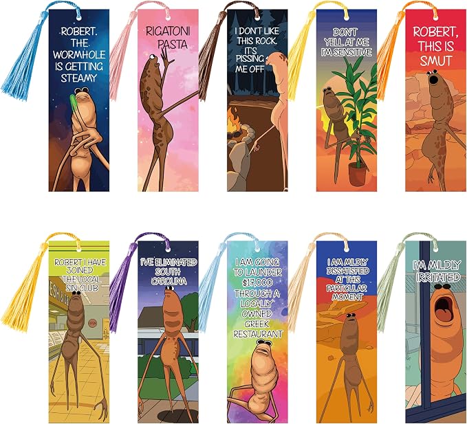 BOpusail 10Pcs Marcus The Worm Bookmark with Tassels, Multicolor Funny Meme Bookmarks for Book Lovers Teachers Students, Reading Accessories Party Stationery Gift Library Office Favors