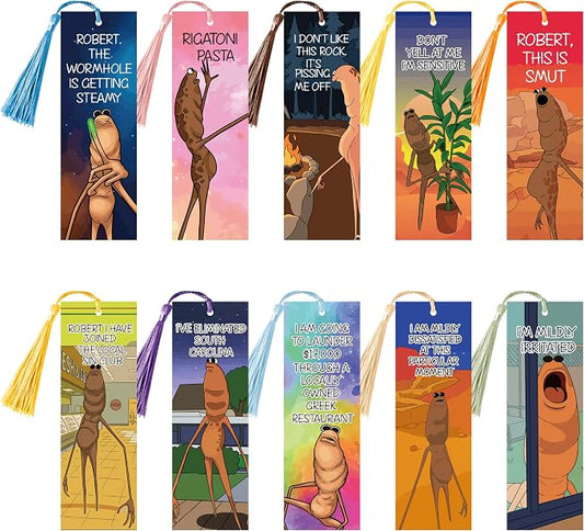 BOpusail 10Pcs Marcus The Worm Bookmark with Tassels, Multicolor Funny Meme Bookmarks for Book Lovers Teachers Students, Reading Accessories Party Stationery Gift Library Office Favors