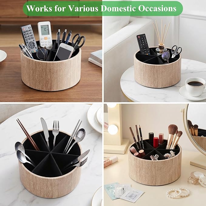 Remote Control Holder, 360°Spinning PU Leather Desk TV Remote Caddy,Desk Storage Box Room Accessories for Controller, Media,Mail,Calculator, Mobile Phone,Pencil(1-Big Thin Yellow)