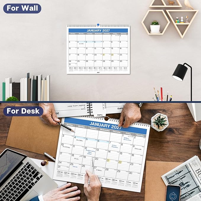 Dunwell 2026-2027 Wall Calendar 12x15 (Blue), July 2026 to December 2027, 12 x 15 Large Lined Monthly Academic Hanging Calendar, Professional Style for Home, Office, School or Organization