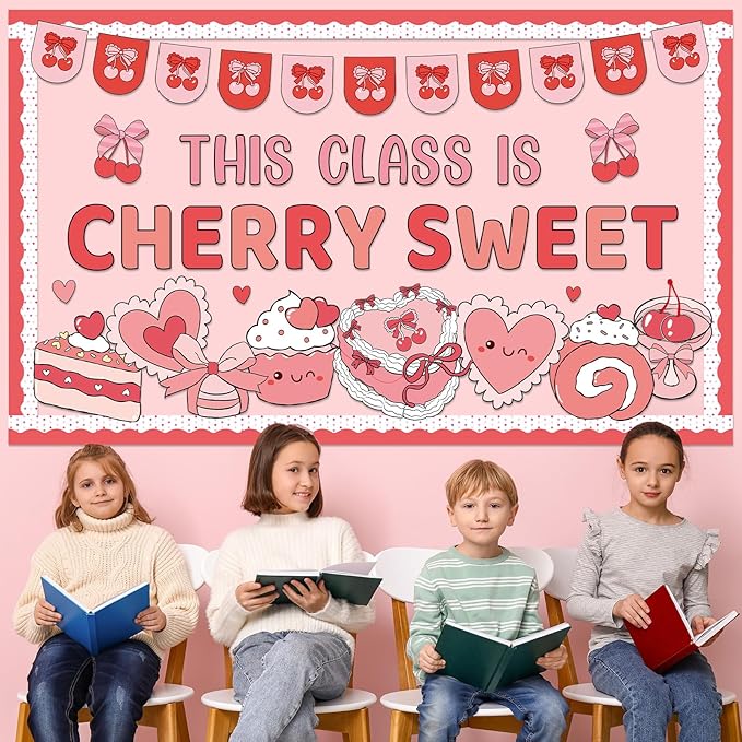 Valentine's Day Bulletin Board Decorations Set This Class is Cherry Sweet Classroom Decoration Valentines Cute Cherry Bow Cake Heart Cutouts for School Classroom Chalkboard Wall Decor Party Supplies