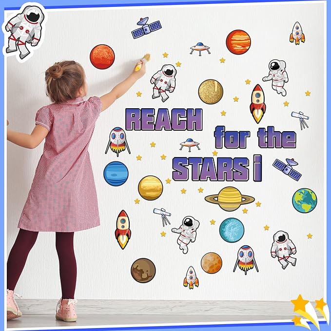 68 Pcs Outer Space Classroom Bulletin Border Decoration Star Cutouts Planet Astronaut Spacecraft Instrument Cutout Reach for The Stars Cutouts for Space Themed Classroom Chalkboard Wall (Outer Space)