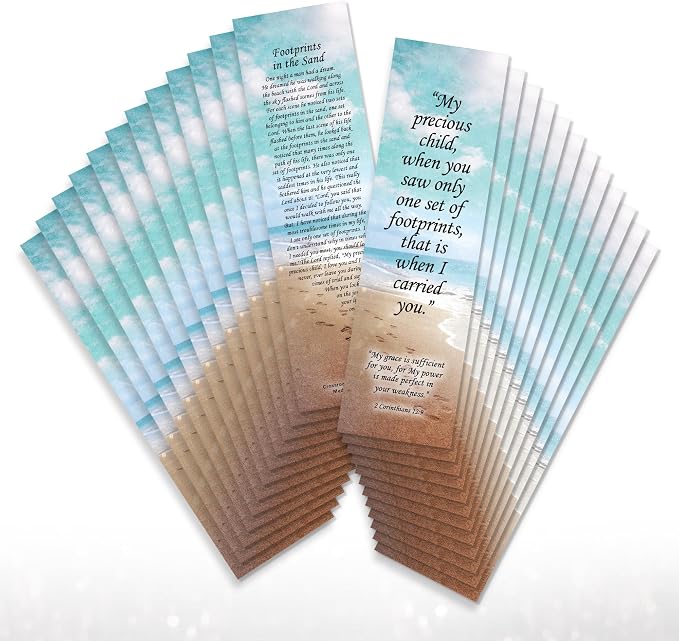 Footprints in The Sand Bookmark - 24 Pack, 2-Sided, Christian Inspirational Bible Book Mark, Bulk Religious Book Markers for Reading, 7.25"x2" (24 Bookmarks)