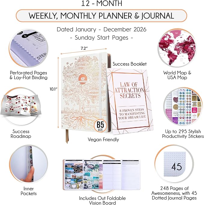 Deluxe 2026 Planner Weekly and Monthly | Law of Attraction Planner with Productivity App | 12-Month for Productivity, Gratitude & Goal Setting | Includes Foldable Vision Board, Gift Box & Stickers