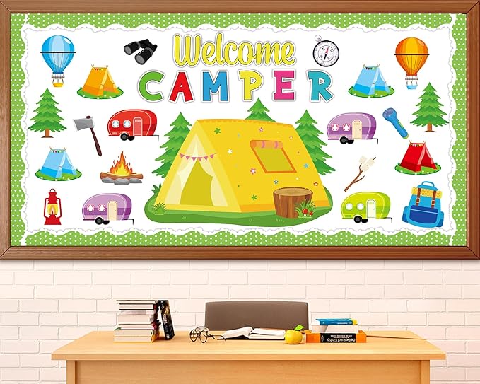 QOUBAI Camping Bulletin Board Set Happy Camper Trim Classroom Border Decorations VBS Tent Vintage Trailers Cutouts Welcome Camper for Back to School Summer Camping Nursery Chalkboard Wall Door Decor