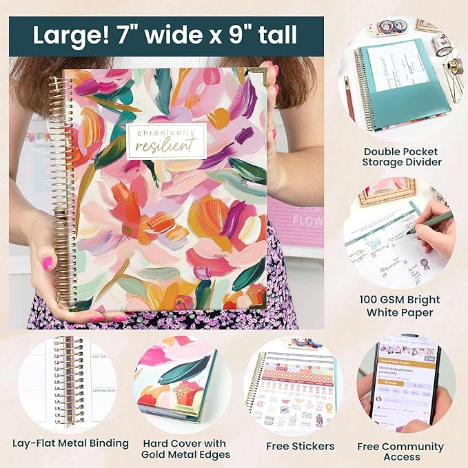 bloom daily planners Undated Chronic Illness Planner & Medical Journal - 12 Month Pain & Symptom Tracker, Mood & Medication Log, Appointment Organizer (7” x 9”) - Brushstroke Blooms