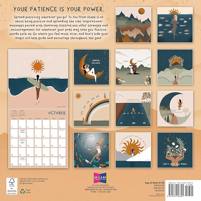 Grow with The Flow 2026 Wall Calendar, 12-Month Inspirational Art Calendar on Balance & Self Love, 12" x 12", Monthly Calendar 2026 Planner with Large Grids