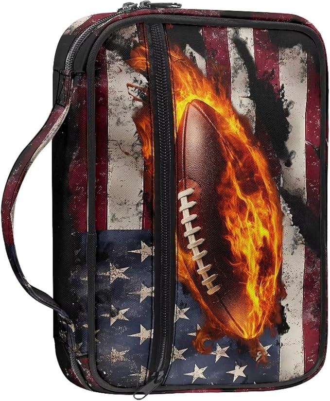 Fire American Football Flag Pattern Bible Covers for Women & Men, Bible Case and Organizer Bible Carrying Case with Zippered Pocket Bible Protective Bag