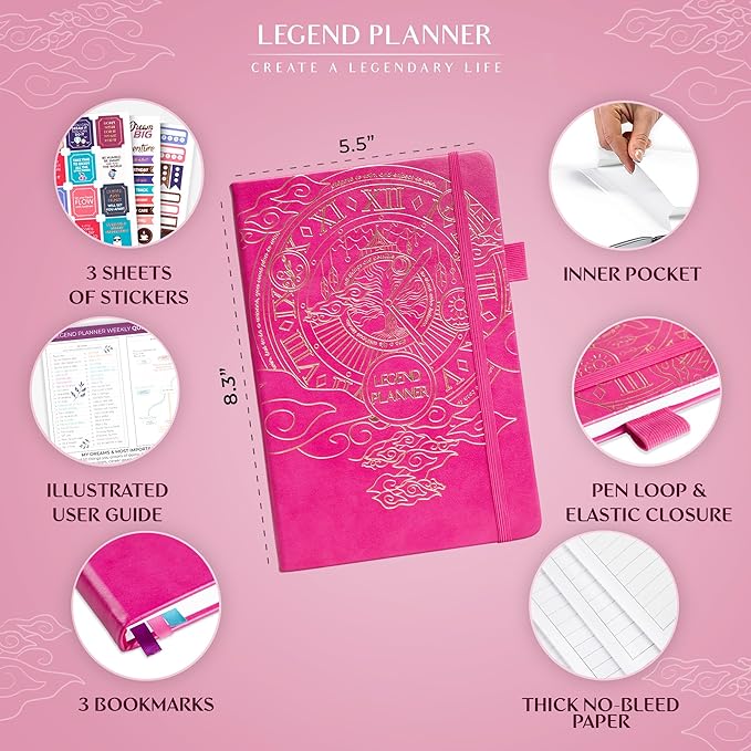 Legend Planner – Undated Weekly & Monthly Life Planner to Hit Your Goals & Live Happier, Organizer Notebook & Productivity Journal, A5 (Hot Pink, Gold)