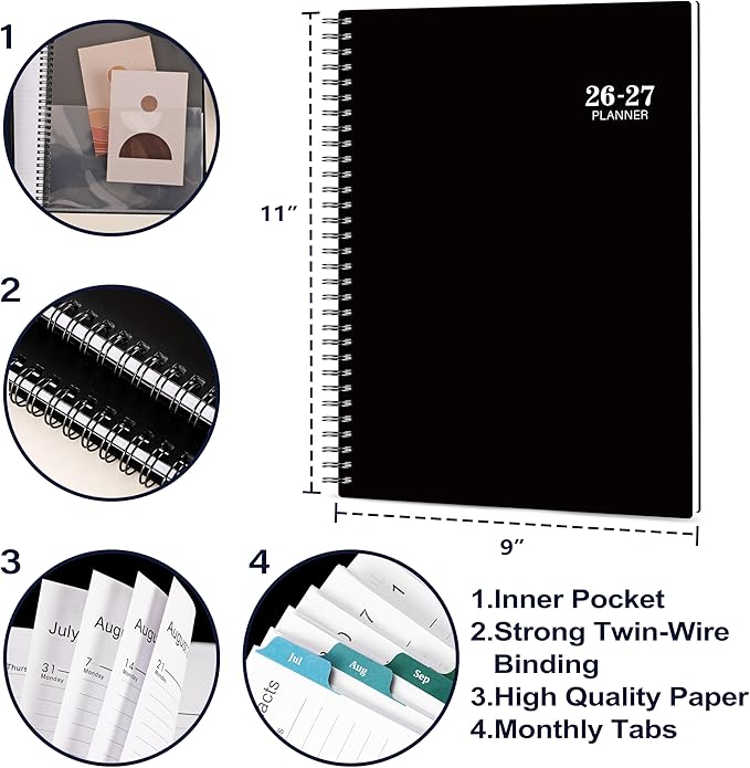 Planner 2026-2027 - 9” × 11”, 2026-2027 Weekly and Monthly Planner, from JUL. 2026 to JUN. 2027, with Inner Pocket, Premium Paper, Twin-wire Binding, Make Your Life Productive - Black