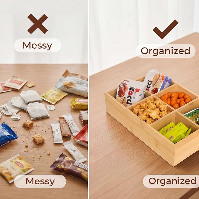 2 Pack Bamboo Small Desk Drawer Organizer with Adjustable Dividers, Wood Snacks and Tea Bag Organizer for Office, Bathroom, Makeup, Jewelry