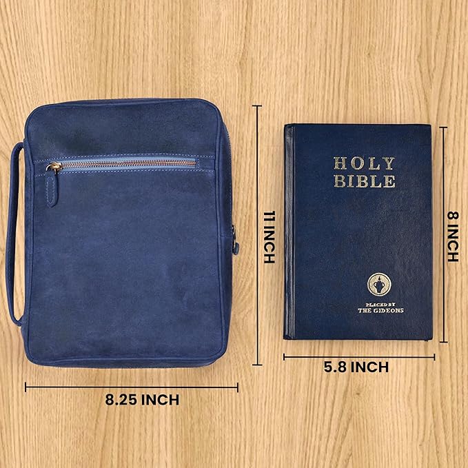 LEATHER VILLAGE Handmade Vintage Leather Bible Cover for Men & Women - Large Protective Bible Case & Organizer for Church, Travel & Study Christian Religious Antique Bookmark - Blue