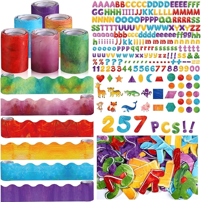 Kosiz Art Oil Painting Bulletin Board Decoration Set 118 ft Scalloped Bulletin Board Borders Classroom Poster Border Trim with 257 Pcs Letter Number Symbol Cutout for School Decor