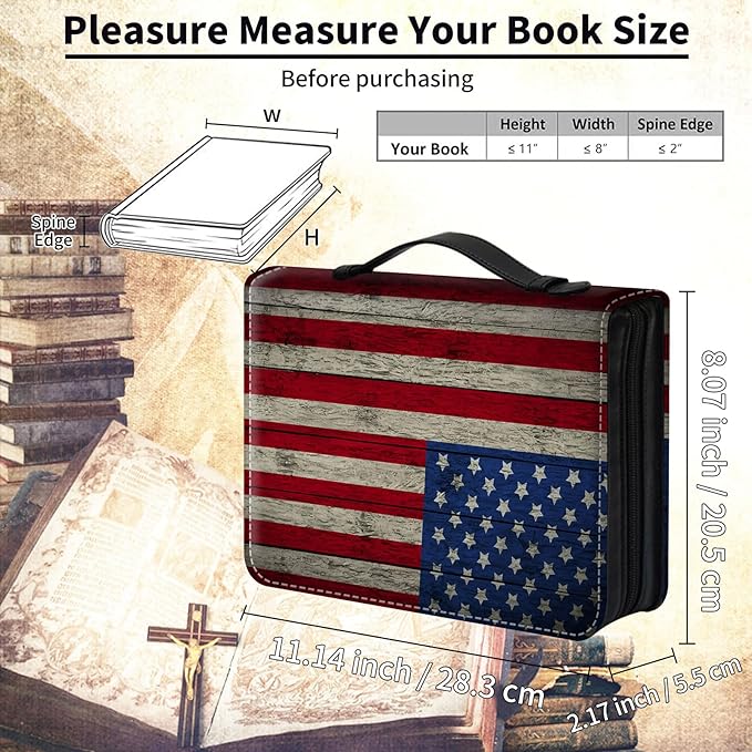 Bible Cover for Men,Large Leather Bible Case Fit Book Up to 11x8x2 Inch,Retro American Flag Bible Covers Bible Study Carrier Church Bags w/Handle & Zipper