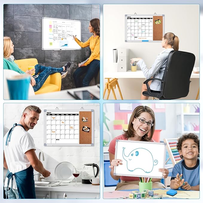 Calendar Whiteboard for Wall, 17" x 13" Double Sided Monthly Dry Erase Board Calendar for Office, Home, School, Hanging Cork Board White Board Combo, Portable Magnetic Dry Erase Planner Board