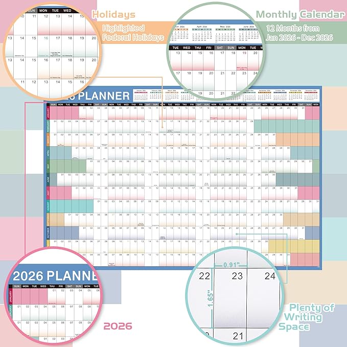 2026 Yearly Wall Calendar - Yearly Wall Calendar 2026, 2026 Calendar, Jan 2026 - Dec 2026, 23.1" x 34.6" (Open), Julian Dates, Thick Paper, Double-Sided Round Stickers, Grayish Blue