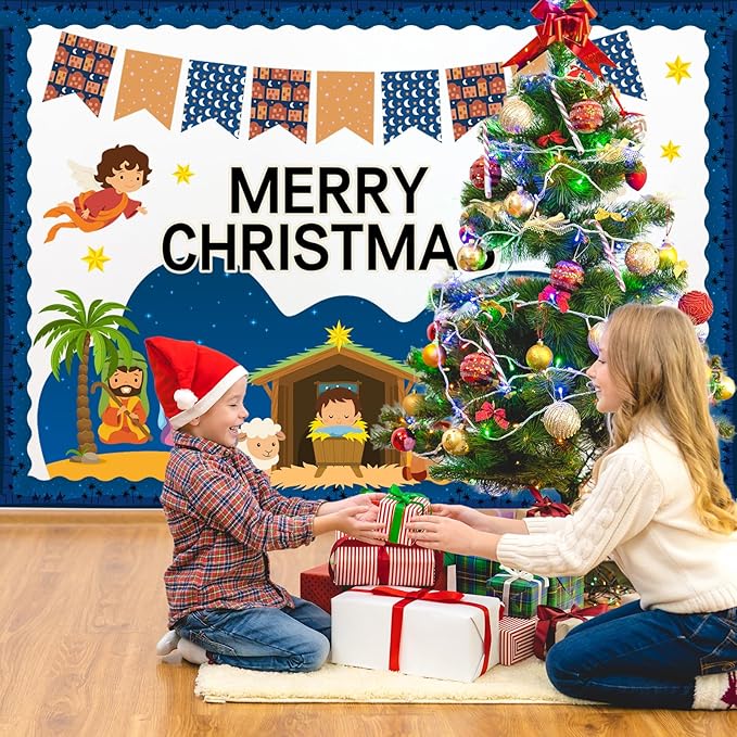 FYSUIMU 80Pcs Christmas Nativity Bulletin Board Decorations Christian Jesus Birth Scene Paper Cutouts Merry Christmas Classroom Decor with 150Pcs Glue Points for Xmas Party Sunday School Church