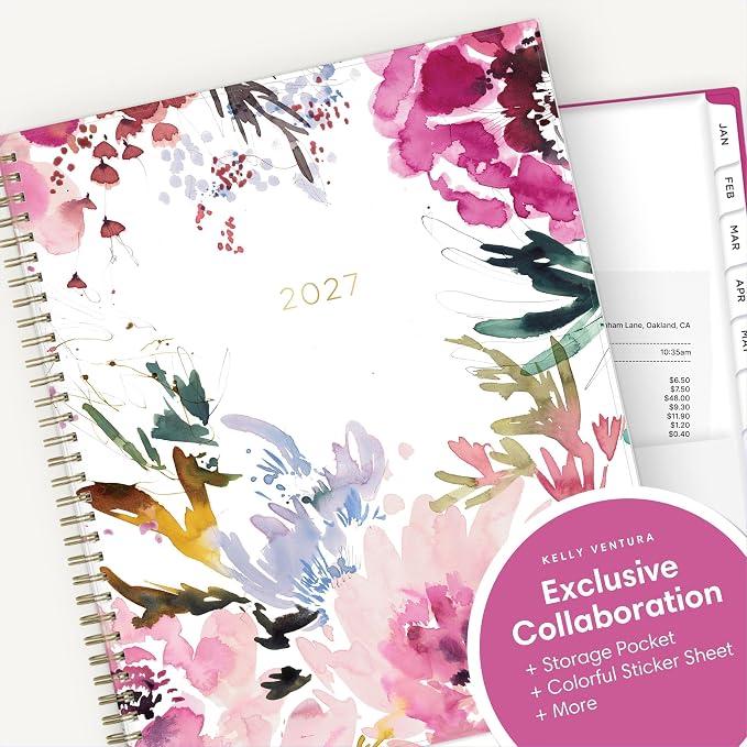 Blue Sky Kelly Ventura 2027 Weekly and Monthly Planner Calendar, January 2027 - December 2027, 8.5" x 11", Flexible Cover, Laminated Tabs, Durable Twin Wire Binding, Storage Pocket, Includes Sticker Sheet, Magenta Blooms
