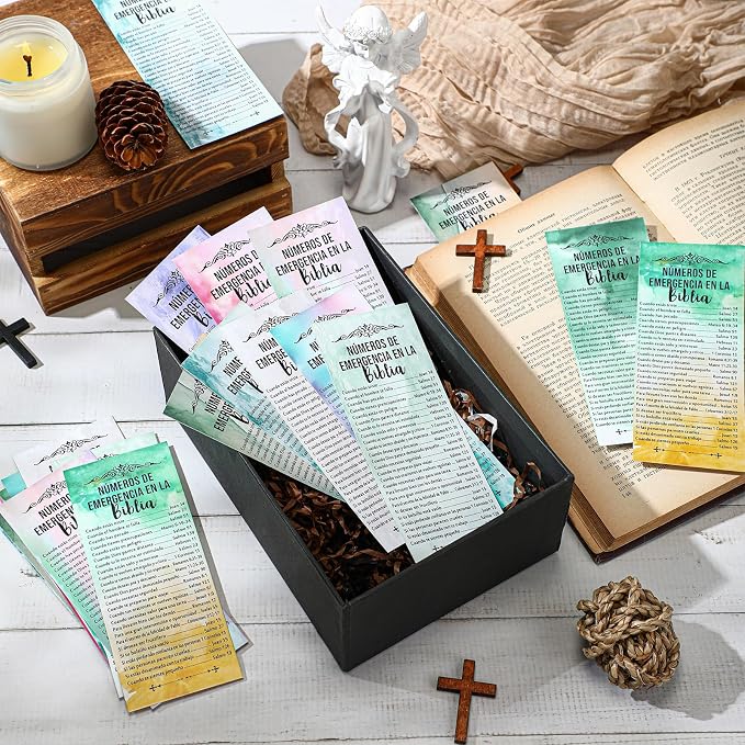 Motiskyy 100 Pcs Spanish Bible Emergency Numbers Bookmark Christian Church Gift 6 x 2.36 Inches Religious Fathers' Day Gift for Church Favor Welcome Sunday School Teacher(Watercolor)