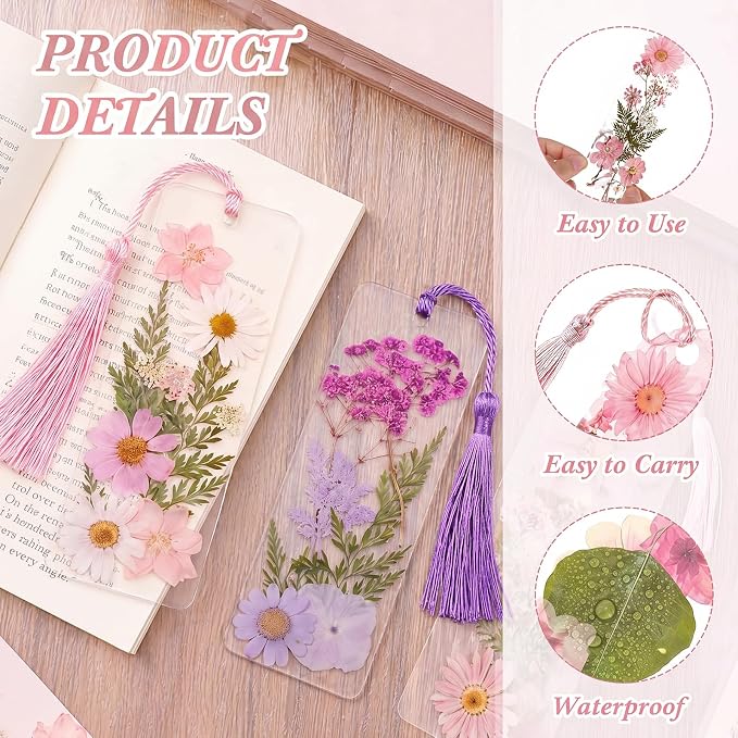 Fuyoooo 61 Pcs Dried Flower Bookmark Making Kit, DIY Bookmark Laminating Pouches with Tassels and Puncher, Handmade Craft Kit for Women, DIY Gifts for Book Lovers (Pink Orange Purple,2 x 6 Inch)
