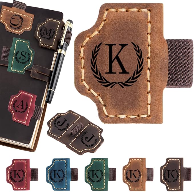 Personalized Magnetic Leather Bookmark with Pen Holder - 26 Letters Custom Book Mark with Name Initial Engraved Book Marker for Readers, Book Lovers, Travelers - Gift for Women & Men(Light Brown，K