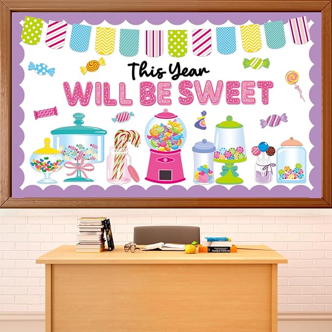 QOUBAI Candy Bulletin Board Set Sweet Theme Classroom Bulletin Board Decorations Pink Gumball Machine Cutouts Classroom Decorations for Back to School Office Home Chalkboard Decor Wall Door