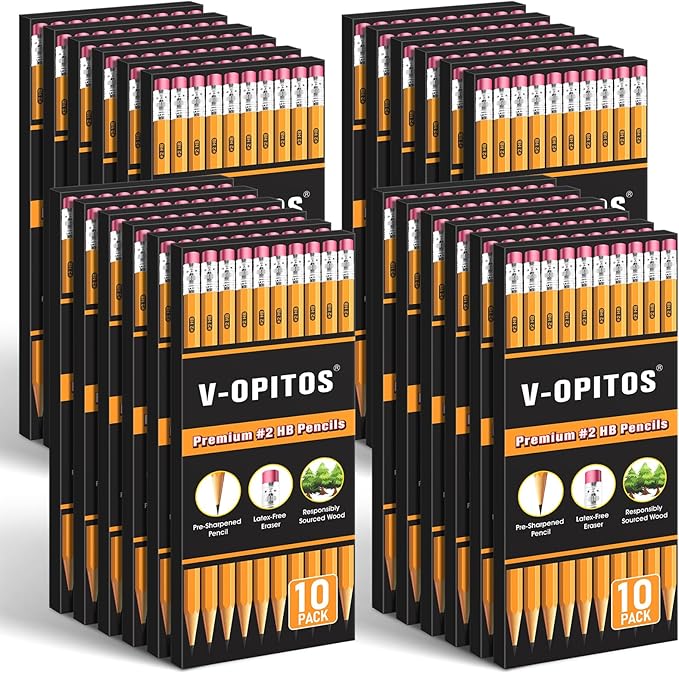 V-Opitos Wood-Cased #2 HB Pencils, 240 Pack Bulk Pre-Sharpened Pencils with Top Erasers for School Teacher Supplies, Writing, Drawing and Sketching