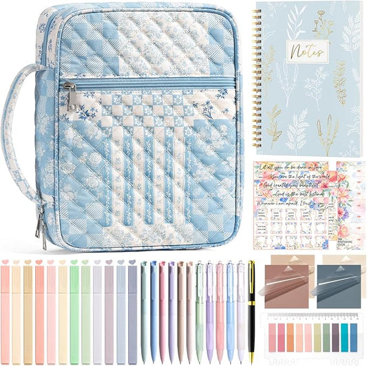 Bible Cover Case for Women Large Bible Bag, Bible Study Supplies Journaling Kit Quilted Church Bag with Handle, Puffer Book Carrying Case w/Tabs Accessories Kit Christmas Christian Gifts for Women Mom
