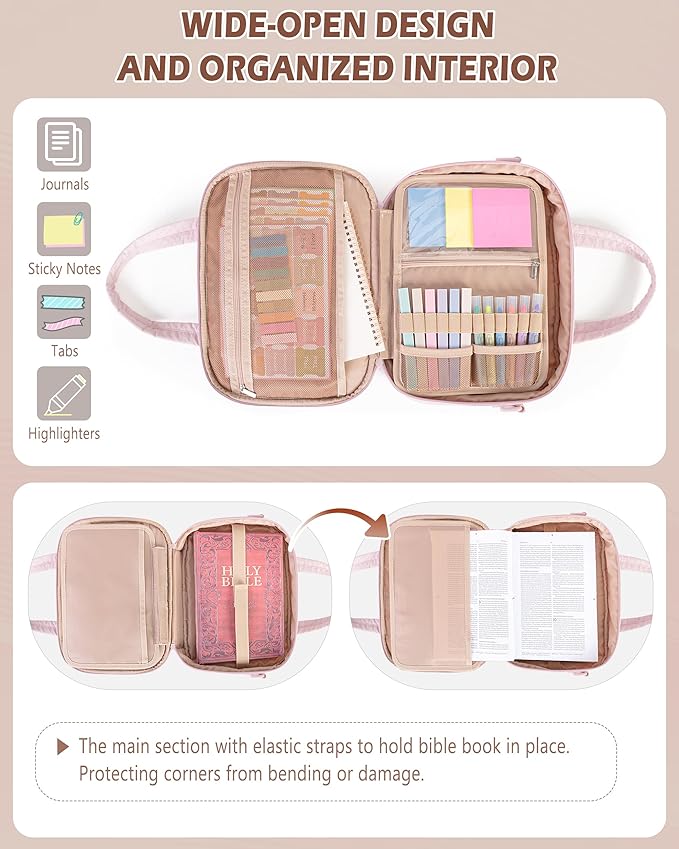 Marscamd Quilted Bible Cover Case with Crossbody Strap and Multiple Pockets, Lightweight Bible Bag for Women, Pink