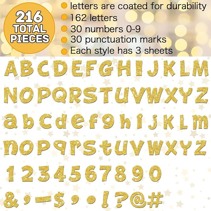 Colarr 216 Pcs Gold Glitter Bulletin Board Letters for Classroom Number Alphabet Punctuation Symbol Cutout 4'' Die-Cut Poster Letter with Adhesive Dot School Graduation Party Holiday Decor Display