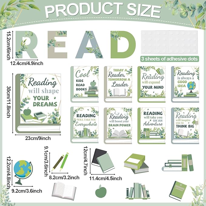 Qyeahkj Eucalyptus Reading Bulletin Board Poster for Classroom Boho Greenery Cutouts Motivational Bulletin Board Elementary Educational Prints Poster for Teachers Kindergarten Preschool Library