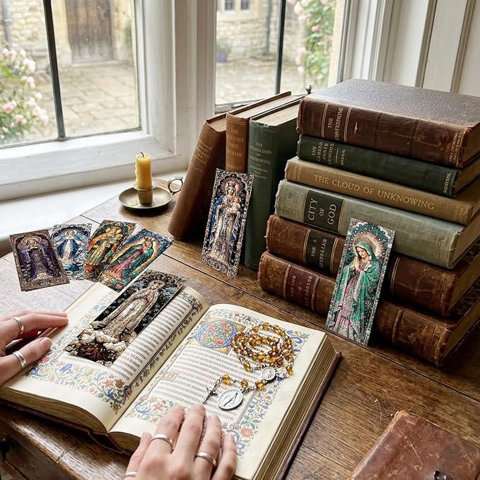 10 Pcs Stained Glass Bookmarks, Catholic Virgin Mary Transparent PVC Bookmark Bulk for Women Man, Christian Religious Book Mark for Reading Lovers Accessories Gifts