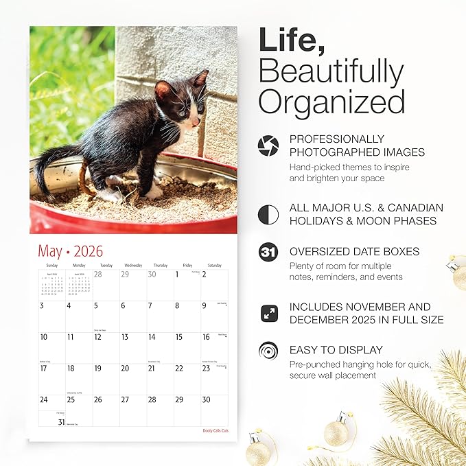 RED EMBER Funny Dooty Calls Cats 2026 Wall Calendar 12 Months | 12" x 24" Open | Thick & Sturdy Paper | Giftable | White Elephant Gifts for Adults Kitten Cat Calendar 2026