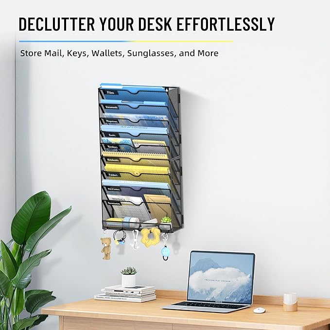 SUPEASY 10 Tier Wall File Organizer with Hooks, Large Capacity Metal Mesh Hanging File Organizer, Wall Mounted Mail & Document Organizer for Home, Classroom, Office Organization, Black