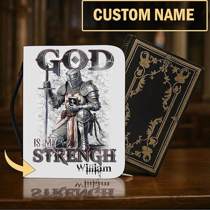 Custom Leather Bible Cover with Name – Personalized Bible Case for Women Zippered with Handle, Bookmark & Storage Pockets, Christian Gift for Mom, Daughter, Grandma (Man - God is My Strength, M-2XL)