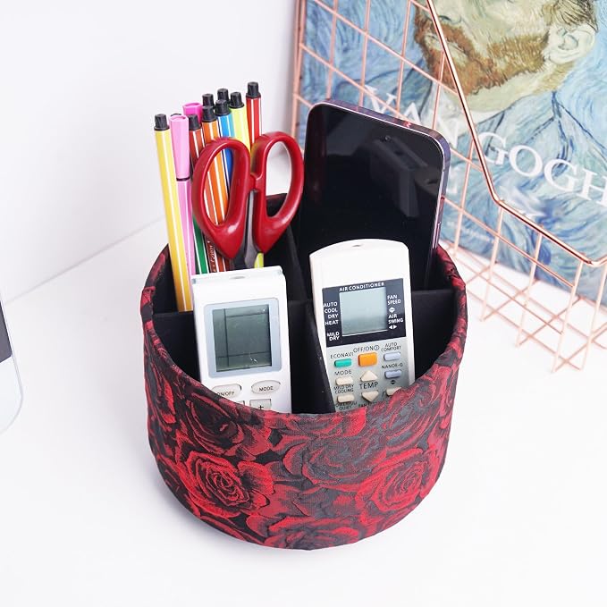 Round Leather Art Supply Organizer,Remote Control Holder,360 Degree Rotating,Multi-Functional Pencil Holder,4 Compartments Desktop Stationary Organizer(1-3D Rose Red)