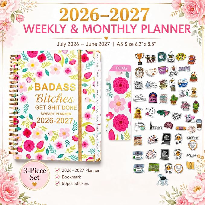 Badass Bitches Get Shit Done Sweary A5 Planner 2026-2027 - 6.2*8.5" Weekly Monthly You Are A Badass Calendar for Women, Fuck It Swear Daily Notebook Goals Productivity Journal Affirmations Gift, White