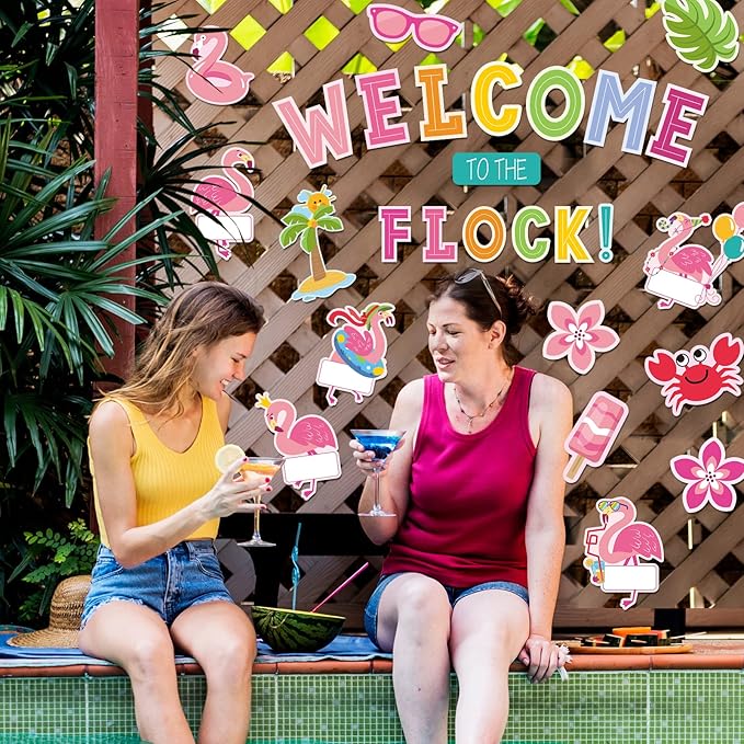 Whaline 59Pcs Flamingo Bulletin Board Decor Tropical Pink Flamingo Classroom Decor Summer Beach Back to School Decoration Welcome to The Flock Cutouts for Hawaiian Luau Party School Classroom