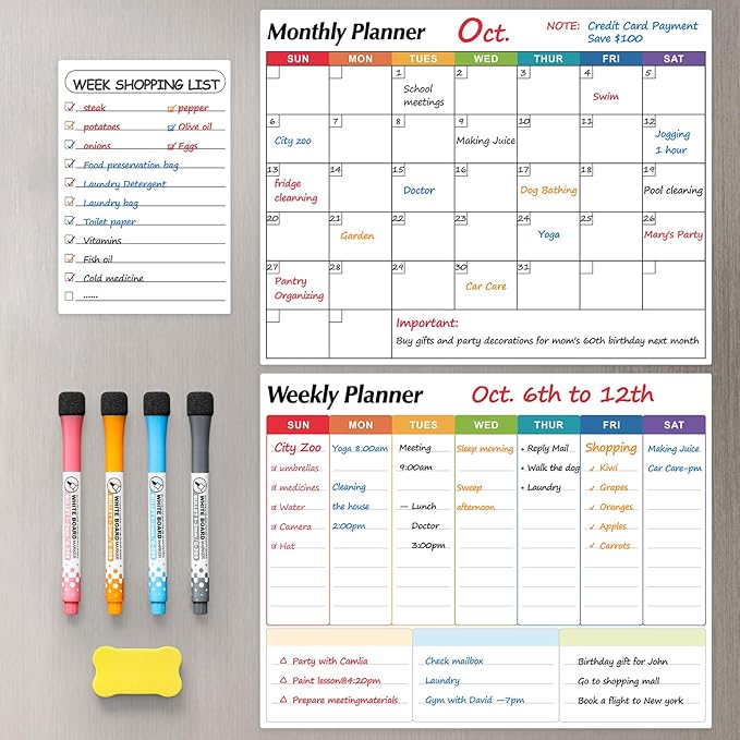 Dry Erase Magnetic Calendar for Refrigerator, 3 Pack- Monthly & Weekly & Daily Planner Magnet Whiteboard for Fridge Wall Door - Shopping, Meal/Menu, to Do List, Family Schedule Planning Board (C)