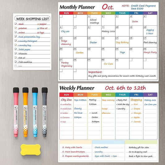 Dry Erase Magnetic Calendar for Refrigerator, 3 Pack- Monthly & Weekly & Daily Planner Magnet Whiteboard for Fridge Wall Door - Shopping, Meal/Menu, to Do List, Family Schedule Planning Board (C)